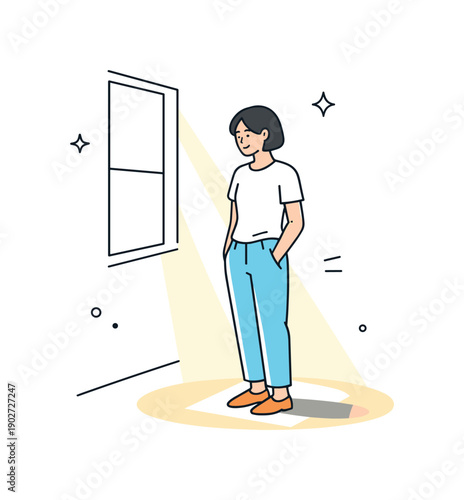 People standing in sunlight. A person stands still in a bright patch of sunlight near a window, light falling softly across the body. Quiet