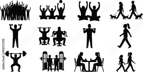 People lifestyle silhouettes collection showing fitness family walking pets and social activities isolated on white background human vector illustration set