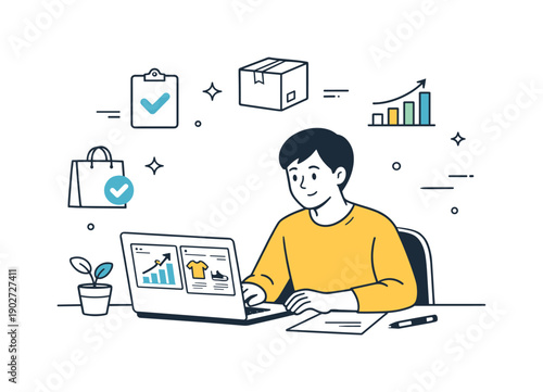 Ecommerce business owners. A person sitting at a desk reviewing sales charts and product listings on a laptop, calm and focused. The scene