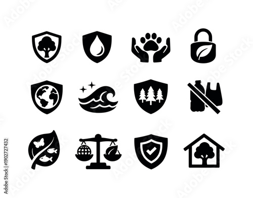 Environmental Protection Icons. Environmental Protection. Solid icon set of Environmental Protection: tree shield, water drop shield, animal paw care, leaf