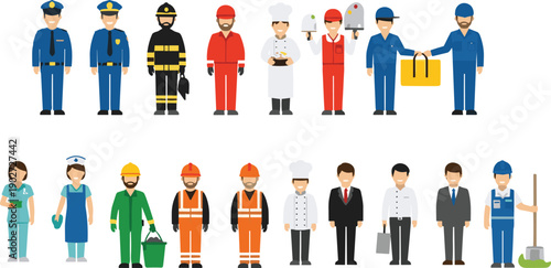 Professional workers and service occupations characters collection with police chef builder courier and cleaner isolated on white background vector illustration set