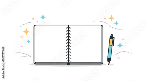 copy space note. A notebook with one open blank page, a pen placed beside it, subtle floating stars and motion lines around the scene,