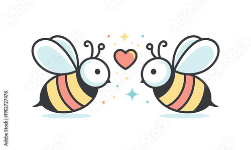 Bee minimal iconography. A pair of bees facing each other symmetrically, creating a balanced decorative symbol. The mood is harmonious,
