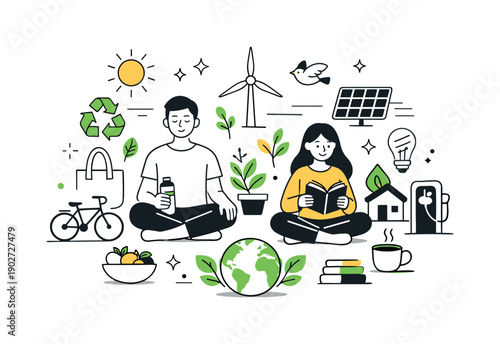 Sustainable Harmony Scene. Sustainability and balance. Characters surrounded by plants, renewable symbols, and clean everyday objects, peaceful lifestyle