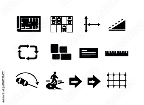 Parking Design Plan. Solid icon set of Parking Design Plan: blueprint layout, parking grid plan, measurement arrows, ramp slope lines,
