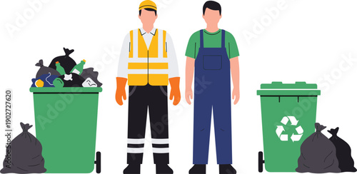 Sanitation workers collecting garbage and recycling waste with bins isolated on white background vector illustration for environmental protection and cleanliness concept