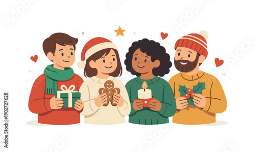 Festive togetherness scene. Simple characters standing close, holding small gifts or decorations, expressing connection and shared joy. Warm,
