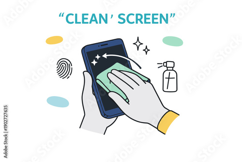 Cleaning smartphone screen with cloth and sanitizer