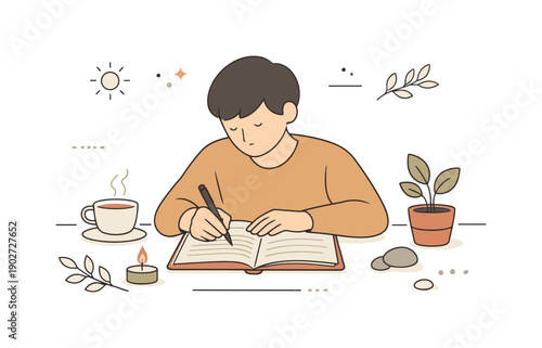 Mindful handwriting practice. A calm editorial scene of a person slowly writing in a journal with soft natural lighting and no digital