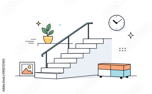 Staircases without movement. A quiet staircase in a minimal interior stands empty, lit by soft shadows and ambient light. The scene feels