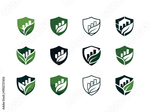 Ethical investing platforms. Icon set. Set Logo of Ethical investing platforms: responsible investment shield. harmonious logo variations of