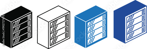 Server rack icons, data center storage system, network hardware technology illustration, database server equipment, cloud computing infrastructure symbol isolated vector set