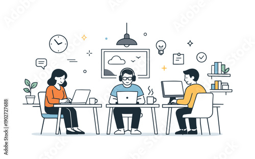 Local coworking space. A small coworking room with a few people working quietly at desks. Community-focused remote work with calm