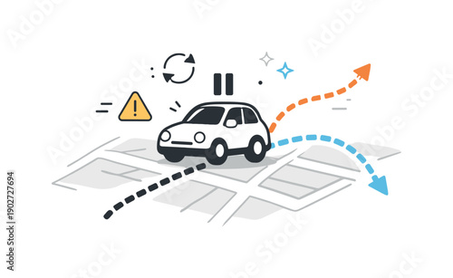 GPS rerouting metaphors. Vehicle icon paused on a simplified digital map as dotted lines shift direction. Temporary standstill before