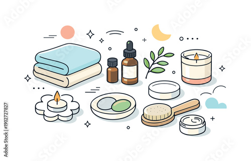 Self-care routine objects. A simple flat lay of wellness items including candles, essential oils, and folded towels, creating a cozy and