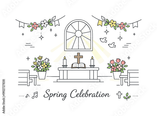 Spring church celebration graphics. Light-filled church interior with floral accents and gentle sunlight, calm celebratory mood. Peaceful