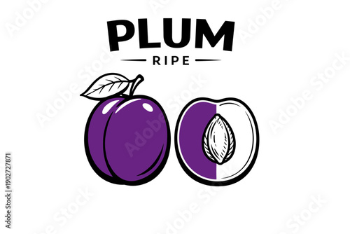 Ripe plum fruit illustration with leaf and seed