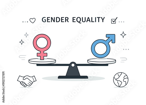 Gender equality message. Female and male symbols balanced on a scale, expressing fairness and respect. Calm educational tone, minimal
