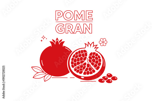 Minimalist red pomegranate illustration with whole and sliced fruit