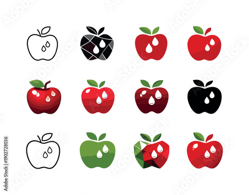 Crisp Apple. Icon set. Set Logo of Crisp Apple: apple with water droplets. harmonious logo variations of the same emblematic concept, each
