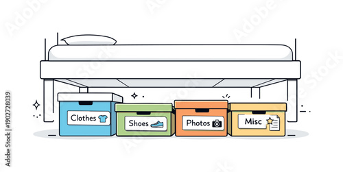 Saved boxes storage. Under-bed view with low cardboard boxes labeled and tucked neatly. Subtle sense of hidden systems and minimal hoarding.