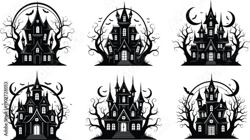 Spooky haunted house silhouettes collection with gothic mansions trees moons and bats isolated on white background halloween horror vector illustration set