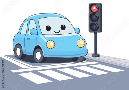 Cute Cartoon Car Stopping at Red Traffic Light for Kids Education