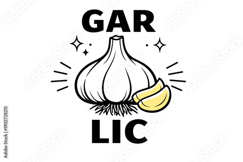 Stylized black and white garlic bulb with yellow cloves and decorative elements