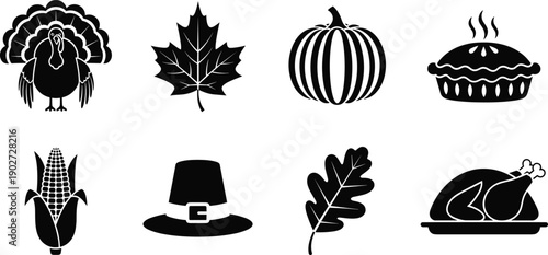 Thanksgiving icons collection with turkey pumpkin pie corn leaves and pilgrim hat isolated on white background holiday vector illustration set