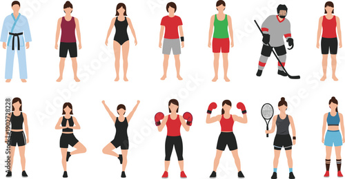 Women athletes and sports activities characters collection with boxing tennis yoga and fitness isolated on white background vector illustration set