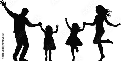 Black Silhouette of Happy Family with Father Mother and Two Daughters Dancing and Jumping Together Isolated on White Background Vector Illustration