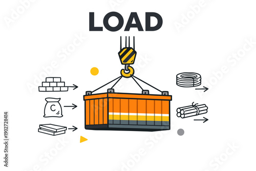 Cargo crane hoisting large metal container with industrial icons