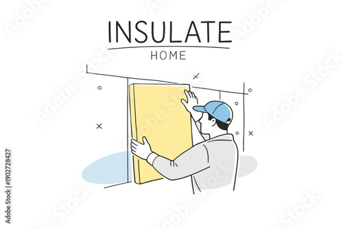 Young caucasian male installing home insulation panel in construction setting