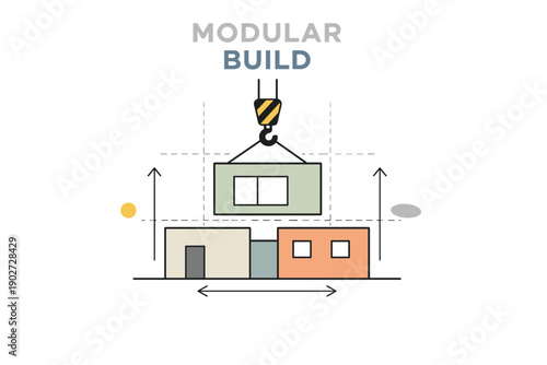 Modular building construction concept with crane and prefabricated units