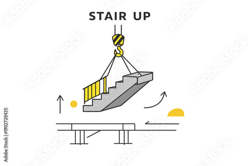 Illustration of crane lifting stairs with arrows and abstract shapes