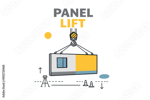 Illustration of panel lift operation with cranes and construction tools
