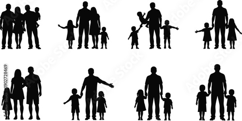Black silhouettes of diverse happy families with children standing together for cad drawing flat vector illustration isolated on white background design.