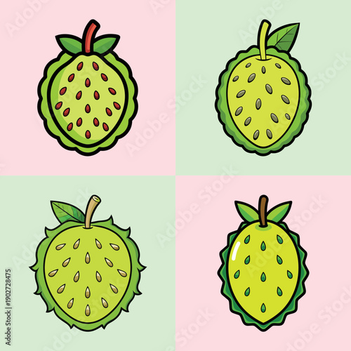 Soursop Fruit Variations on Pink and Green Backgrounds Flat Design vector illustration