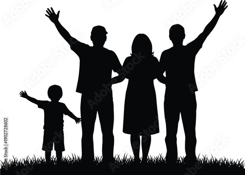 Black silhouettes of happy family with child standing on grass with hands raised for cad drawing flat vector illustration on white.