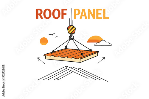 Roof panel installation illustration with crane hook and sunset background