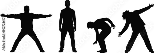 Black silhouettes of men in various active standing and bending poses for cad drawing flat vector illustration on white isolated background.