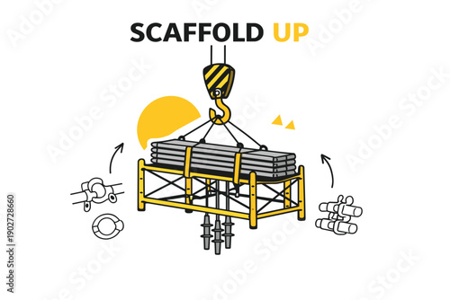 Construction equipment with crane lifting scaffold beams illustration