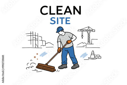 Male worker sweeping construction site with equipment and crane outline