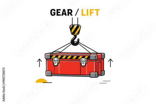 Illustrated crane lifting red industrial gear box with safety stripes
