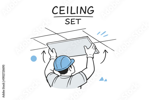 Male worker installing ceiling panel in construction illustration