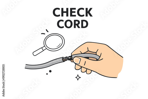Checking frayed electrical cord safety with magnifying glass