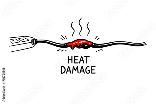 Cartoon illustration of electrical heat damage to cable with melting insulation