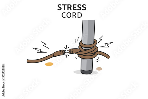 Stress cord cartoon illustration of broken electrical wire around pole