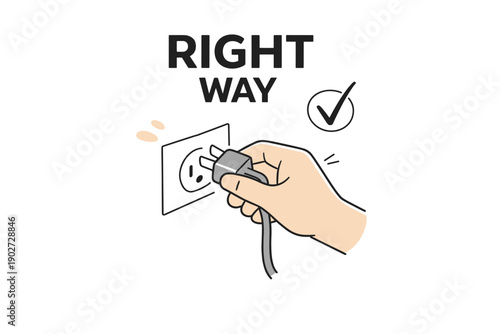 Proper plugging technique illustration with hand inserting plug into outlet