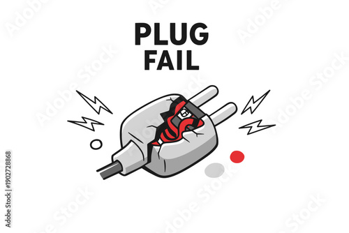 Humorous illustration of a severed electric plug sparking and failing to connect